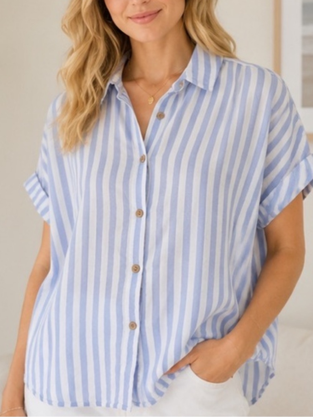 BeachLunchLounge Spencer Striped Short Sleeve Camp Shirt Blue White Large